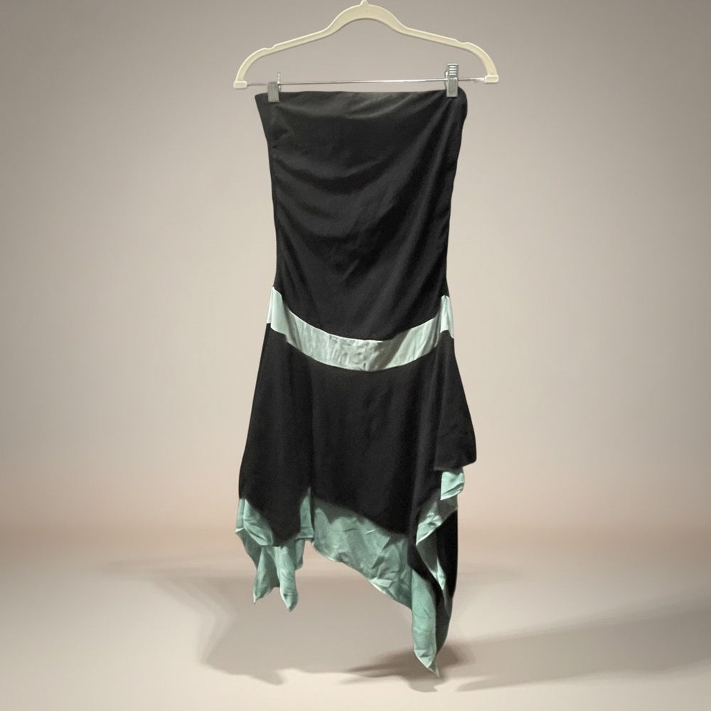 Y2k Black Strapless Asymmetrical Dress with Mint Trim